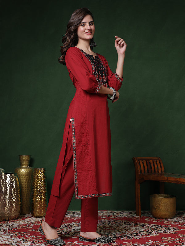 Maroon Rayon Calf Length Solid 3/4 Sleeves Round Neck Straight Kurta Suit Set