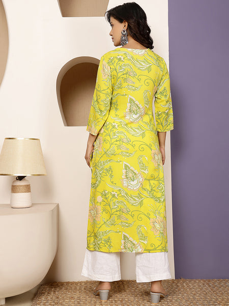 Lime Rayon Calf Length Printed V-Neck Straight Kurta