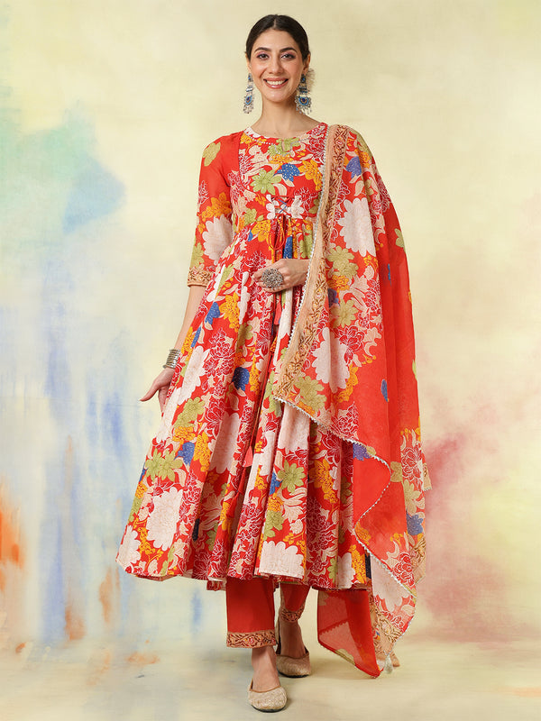 Blue Pure Cotton Printed Hand-Work Anarkali Kurta Suit Set