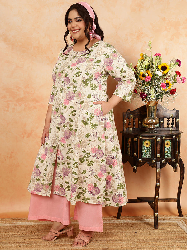 Cotton Flex  Calf Length Printed A-Line 3/4 Sleeves Round Kurta (Plus+)