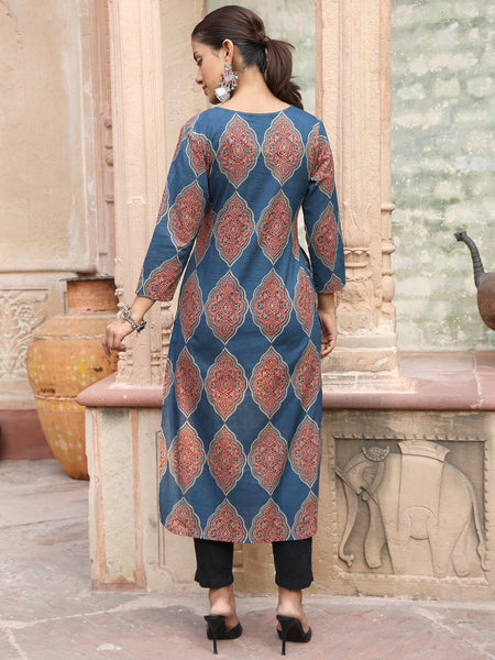 Blue Cotton Calf Length Printed Straight Round Neck Kurta
