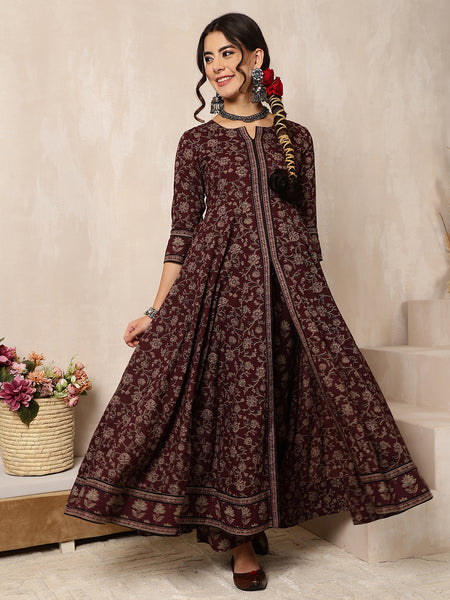 Wine Cotton Calf Length Printed Round Anarkali Neck Kurta Suit Set