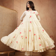 Gulmohar Jaipur Malmal Calf Length Printed 3/4 Sleeves Round Neck Anarkali Kurta Suit Set