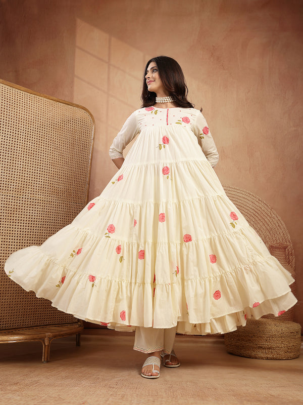 Gulmohar Jaipur Malmal Calf Length Printed 3/4 Sleeves Round Neck Anarkali Kurta Suit Set