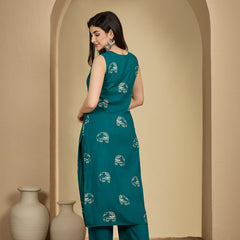 Gulmohar Jaipur Rayon Calf Length Printed Sleeveless V-Neck Straight Kurta Suit Set