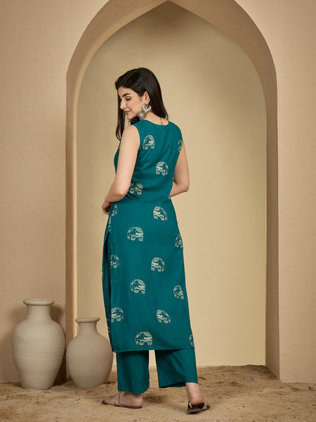 Gulmohar Jaipur Rayon Calf Length Printed Sleeveless V-Neck Straight Kurta Suit Set