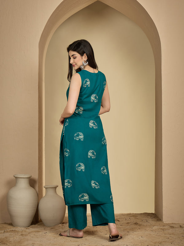 Gulmohar Jaipur Rayon Calf Length Printed Sleeveless V-Neck Straight Kurta Suit Set