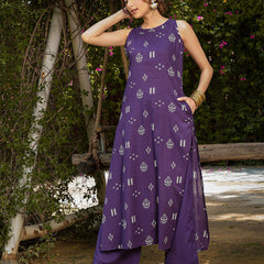 Gulmohar Jaipur Rayon Calf Length Printed Sleeveless Round Neck A-Line Kurta Suit Set