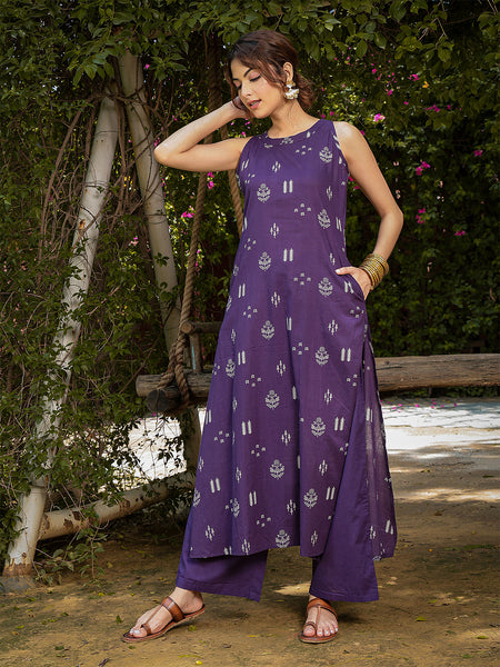 Gulmohar Jaipur Rayon Calf Length Printed Sleeveless Round Neck A-Line Kurta Suit Set