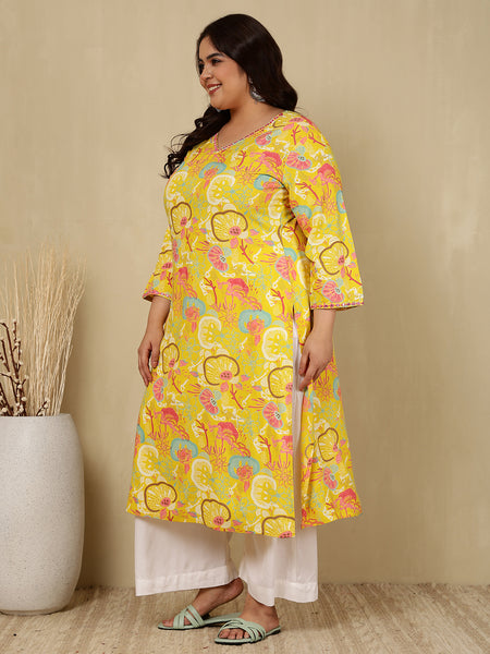 Rayon Calf Length Printed Straight 3/4 Sleeves V-Neck Kurta