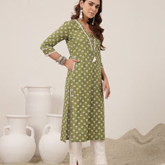 Cotton Calf Length Printed 3/4 Sleeve V-Neck Straight Kurta