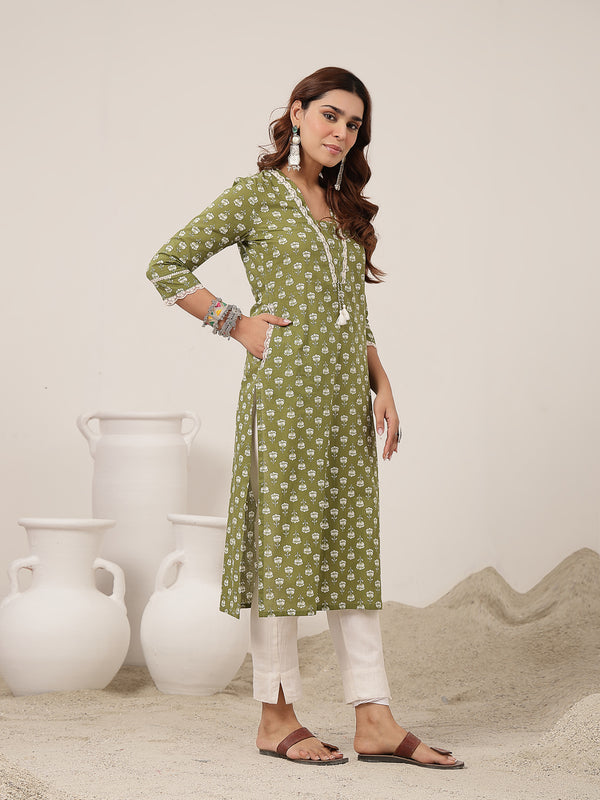 Cotton Calf Length Printed 3/4 Sleeve V-Neck Straight Kurta