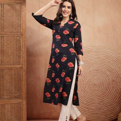 Gulmohar Jaipur Cotton Calf Length Printed 3/4 Sleeve V-Neck Straight Kurta