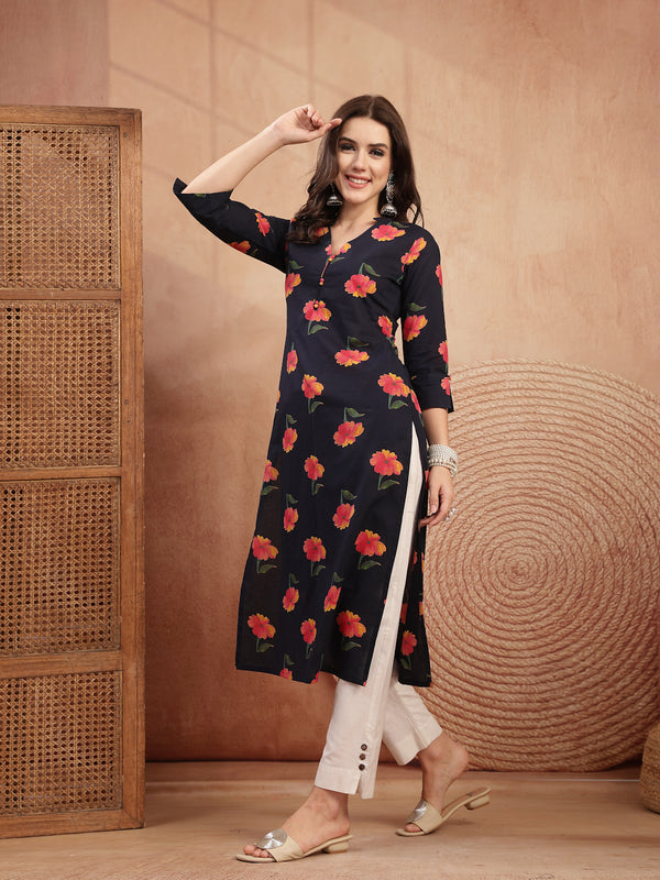 Gulmohar Jaipur Cotton Calf Length Printed 3/4 Sleeve V-Neck Straight Kurta