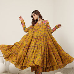 Cotton Calf Length Printed Full Sleeve V-Neck Flared Kurta Suit Set
