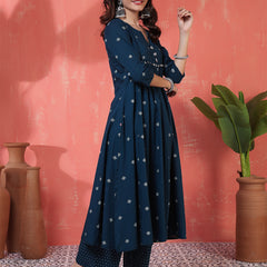 Rayon Calf Length Printed 3/4 Sleeves Round Neck Semi-Flared Kurta Suit Set