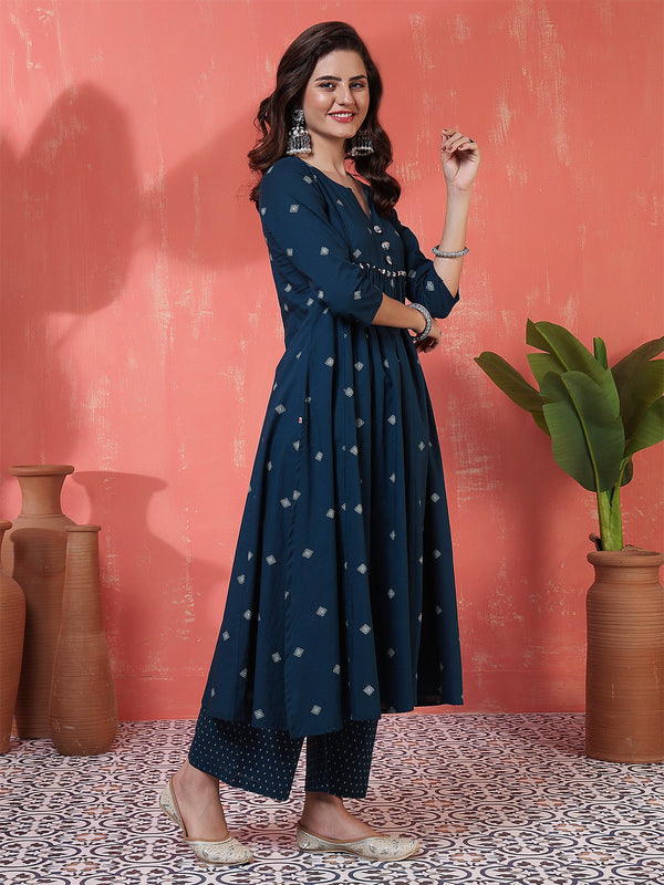 Rayon Calf Length Printed 3/4 Sleeves Round Neck Semi-Flared Kurta Suit Set