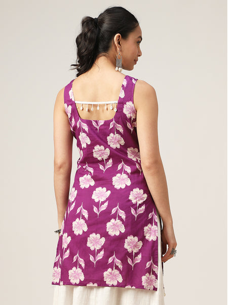 Cotton Hip Length Printed Sleeveless Square Neck Straight Top