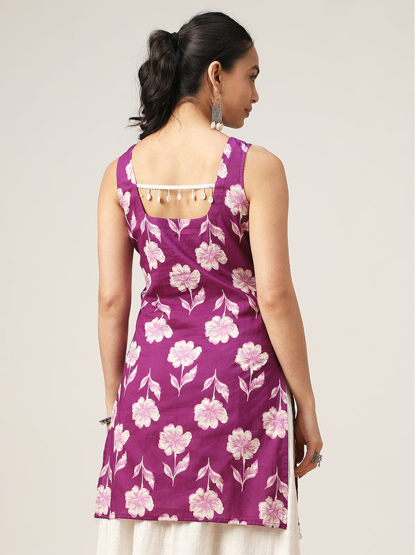 Cotton Hip Length Printed Sleeveless Square Neck Straight Top