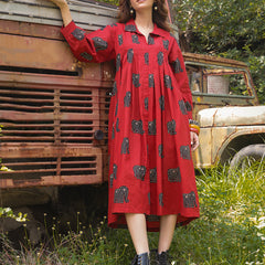 Gulmohar Jaipur Cotton Calf Length Printed Full Sleeve Shirt Collar Flared Dress
