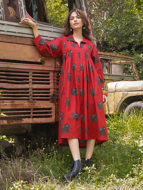 Gulmohar Jaipur Cotton Calf Length Printed Full Sleeve Shirt Collar Flared Dress