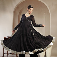 Gulmohar Jaipur Malmal Calf Length Solid Full Sleeves Anrakha Neck Anarkali Kurta Suit Set