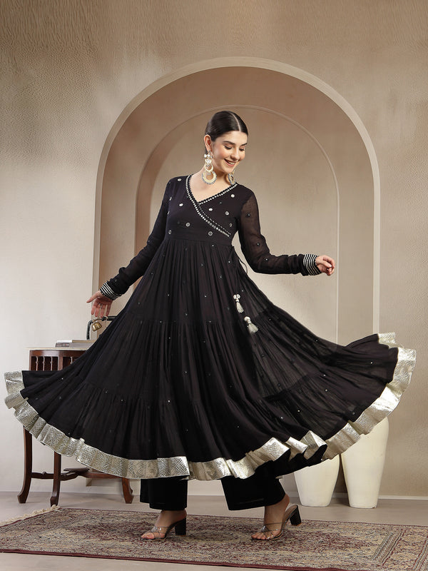 Gulmohar Jaipur Malmal Calf Length Solid Full Sleeves Anrakha Neck Anarkali Kurta Suit Set