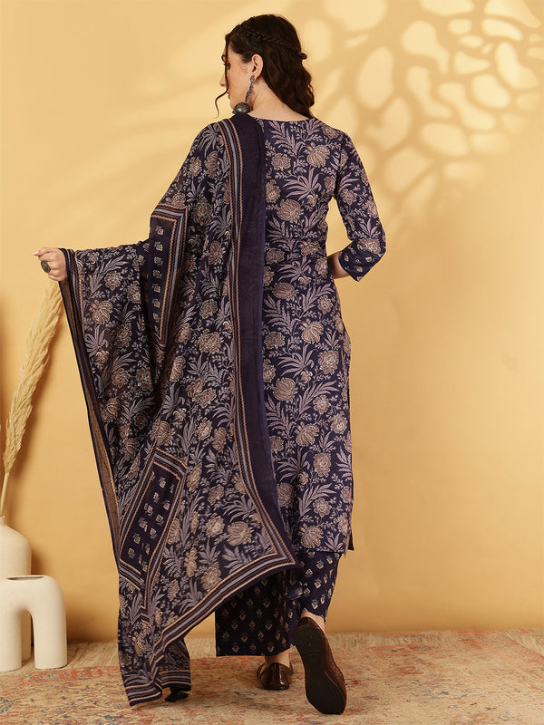 Calf Length Printed Straight 3/4 Sleeves Round Neck Kurta Bottom Dupatta Set