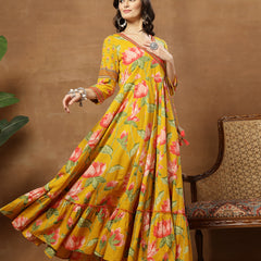 Cotton Ankle Length Printed 3/4 Sleeves V-Neck Flared Kurta