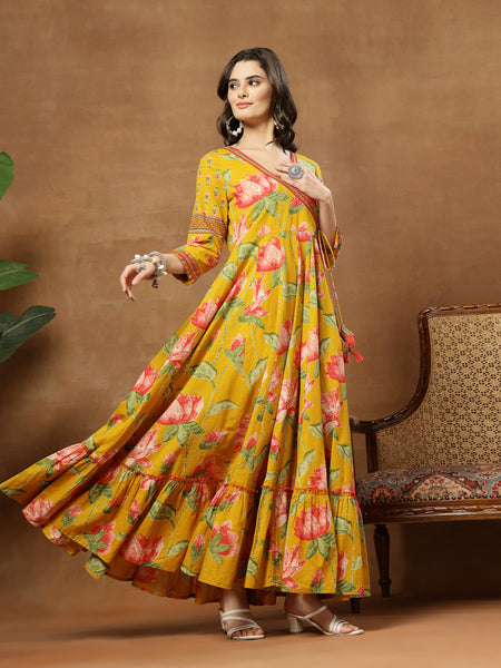 Cotton Ankle Length Printed 3/4 Sleeves V-Neck Flared Kurta