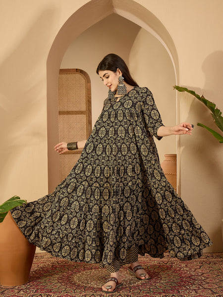 Gulmohar Jaipur Cotton Calf Length Printed 3/4 Sleeve Key Hole Neck Anarkali Kurta Suit Set
