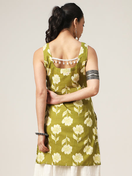 Cotton Hip Length Printed Sleeveless Square Neck Straight Top