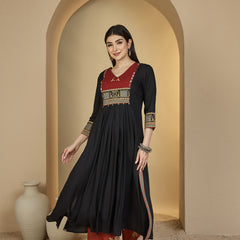 Gulmohar Jaipur Rayon Calf Length Solid 3/4 Sleeves V-Neck Flared Kurta Suit Set