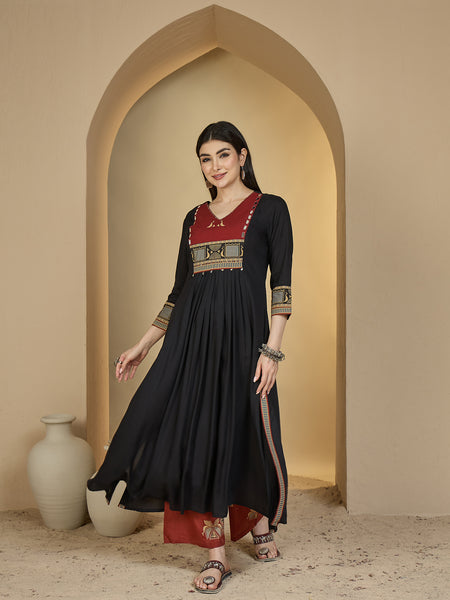 Gulmohar Jaipur Rayon Calf Length Solid 3/4 Sleeves V-Neck Flared Kurta Suit Set