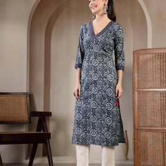 Gulmohar Jaipur Cotton Calf Length Printed 3/4 Sleeves V-Neck Straight Kurta