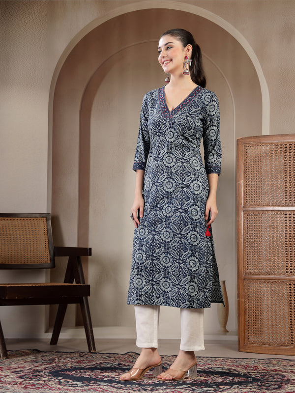 Gulmohar Jaipur Cotton Calf Length Printed 3/4 Sleeves V-Neck Straight Kurta