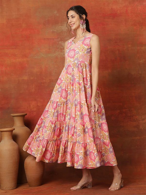 Pink Pure Cotton Calf Length Solid  Sweetheart Neck Flared Kurta