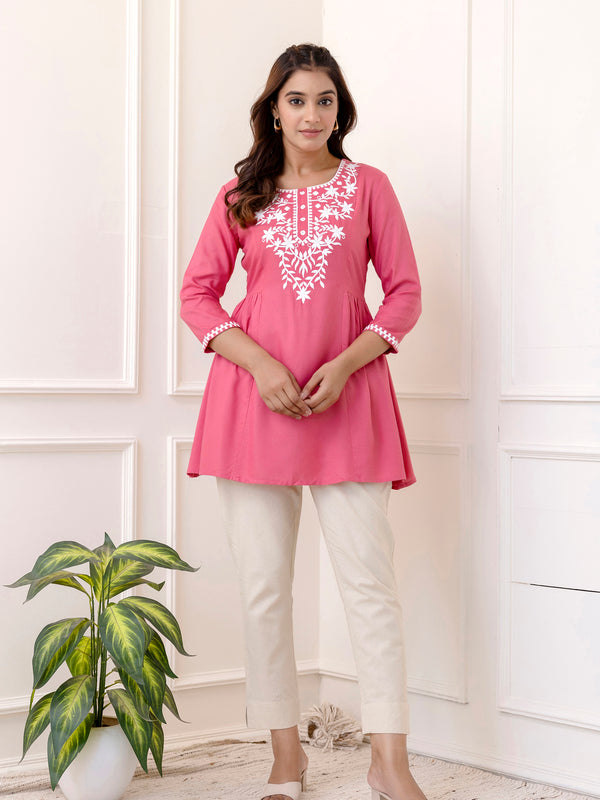 Pink Rayon Hip Length Solid Round Neck Solid Embroidered Straight Top