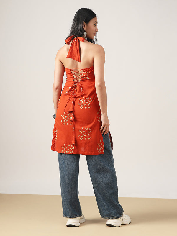 Rayon Mid Length Printed Sleeveless V-Neck Straight Kurta