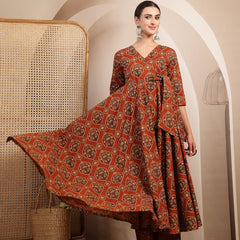 Gulmohar Jaipur Cotton Calf Length Printed 3/4 Sleeves V-Neck Anarkali Kurta Suit Set