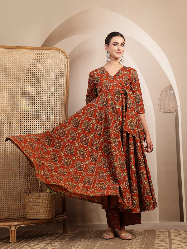 Gulmohar Jaipur Cotton Calf Length Printed 3/4 Sleeves V-Neck Anarkali Kurta Suit Set