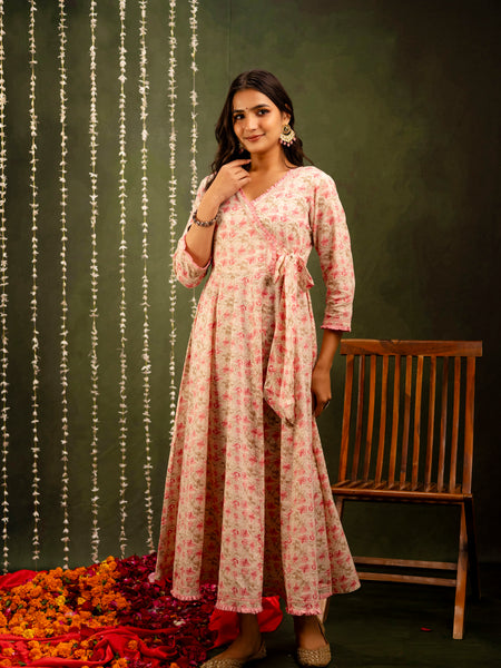 Off White Cotton Calf Length Printed Flared Angrakha Kurta