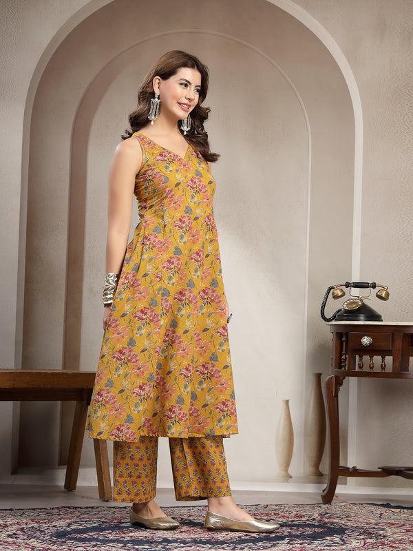Cotton Calf Length Printed Sleeveless V-Neck Flared Kurta Suit Set