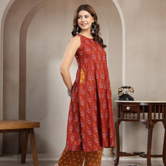 Cotton Calf Length Printed Sleeveless Round Neck Flared Kurta Suit Set