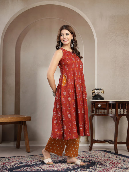 Cotton Calf Length Printed Sleeveless Round Neck Flared Kurta Suit Set