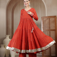 Gulmohar Jaipur Malmal Calf Length Solid Full Sleeves Anrakha Neck Anarkali Kurta Suit Set