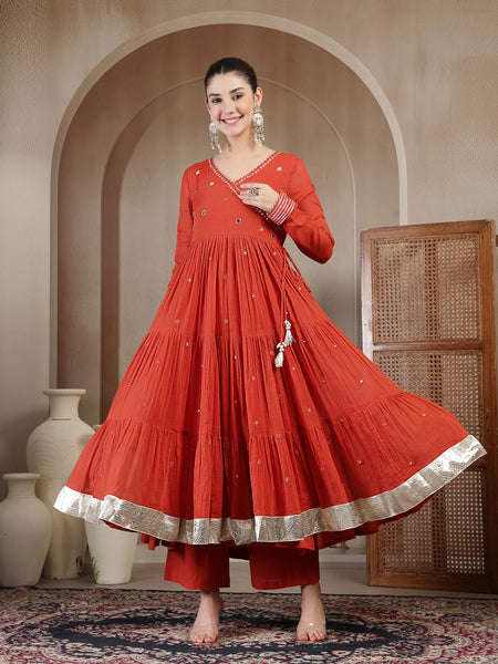 Gulmohar Jaipur Malmal Calf Length Solid Full Sleeves Anrakha Neck Anarkali Kurta Suit Set