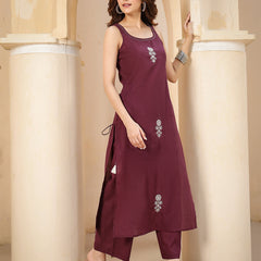Gulmohar Jaipur Rayon Calf Length Solid Sleeveless Round Neck Straight Kurta Suit Set