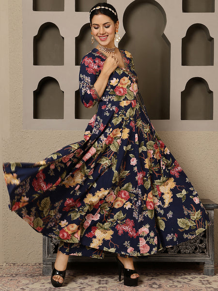 Navy Cotton Calf Length Printed V-Neck Anarkali Kurta Suit Set