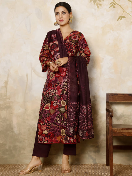 Maroon Rayon Calf Length Printed Round Flared Kurta Suit Set
